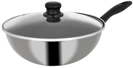 Crealys 536601 Wok Collection Origan en Acier inoxydable Ø 28 cm H 10,5 cm - Revêtement anti adhérent noir sans PFOA - Manche thermorésistant + Couvercle en verre - tous feux dont induction