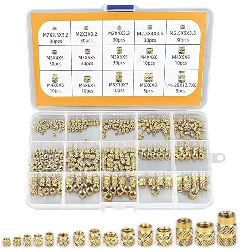 Monsully 300 Pièces Inserts Fileté pour la Fusion à Chaud, M2 M2.5 M3 M4 M5 M6 1/4 Boîte Assortiment, Insert Filetés, Douilles Filetées Laiton pour Composants D'Impression 3D et Pièces en Plastique