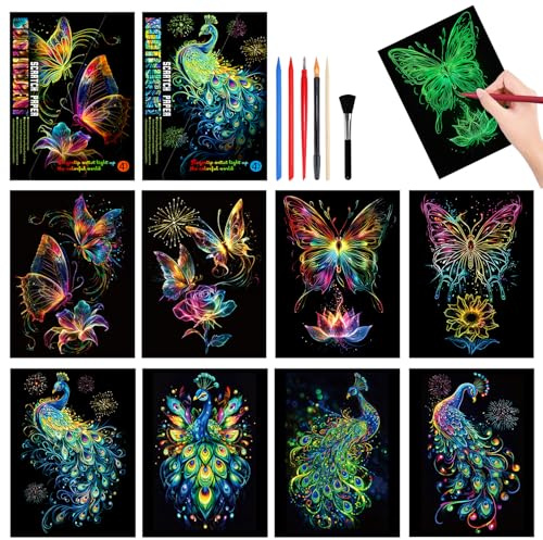 Rayong 2 Ensembles Scratch Art Kit pour Enfants Adulte,Scratch Paper Rainbow Painting Sketch Creative Gift,Dessin à Gratter Scratchboard avec dégradé de couleurs et stylo à gratte (Papillon)