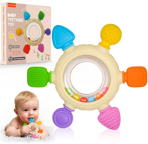 Azrra Teething Toys for Baby, Silicone Teething Rattles Ring, BPA Free, Easy to Hold, Baby Sensory Toys 0 3 6 12 Months, Babies Essentials for Newborn Infant Gift (Multiple Colour-Geometry)