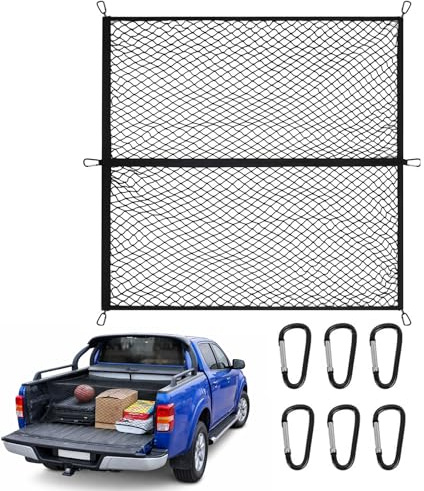 Gepäcknetz Auto – Hochelastisches Kofferraum Netz 120x120cm Dehnbar bis 210x210cm mit 6 Metallkarabinern, Ladungssicherungsnetz für SUV, Van, Transporter, Pickup & Wohnmobil