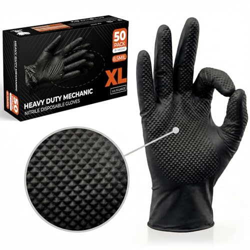 The Real Touch Nitrilhandskar, storlek XL, 50 stycken, extra starka mekaniska engångshandskar, diamanttextur, latexfria och puderfria, perfekt för bilar, verkstad och industriarbete (svart – 50, XL)