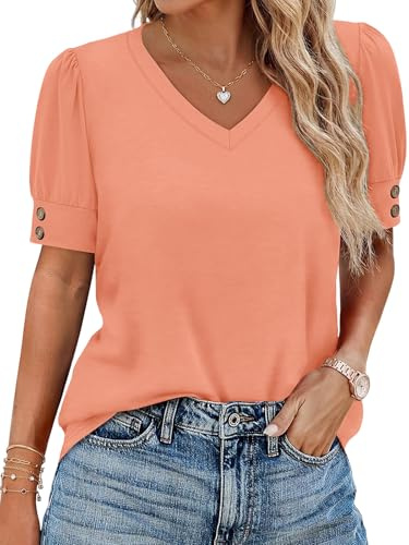 Cuptacc Tee Shirt Femme Col V Manches Courtes Chemisier Chic Élegant Top | Été,Élégante,Casual,Décontracté,Manche Bouffantes,Avec Boutons,Mode,Basic,Classique,Couleur Unie,Lâche,Quotidien