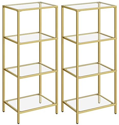 VASAGLE Hylla med 4 hyllor, 2 st, badrumshylla, härdat glas, enkel montering, för badrum, vardagsrum, kök, kontor, guldfärgad LGT028A01