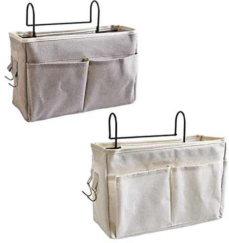 2 Pieces Bedside Hanging Storage Bag, Bedside Hanging Organiser, Bedside Caddy Pocket, Large Capacity Bed Pocket Basket with Hanging Hook for Home, Office, School, Dormitory, Bedroom (Gray, White)