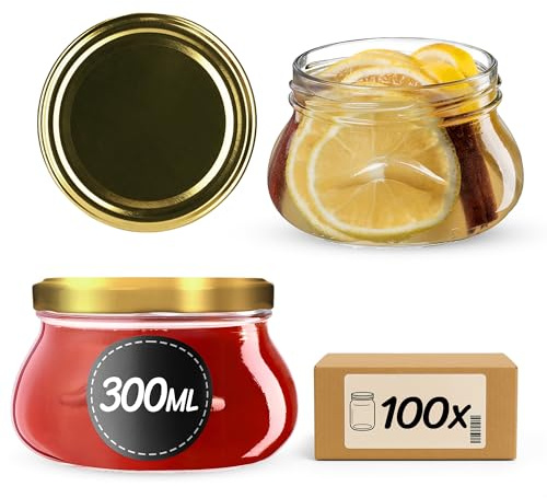 KADAX Lot de 100 bocaux à confiture de 300 ml avec couvercle à visser de 82 mm de diamètre - Bocaux miniatures pour miel et épices - Pots à confiture avec couvercle - Bocaux hermétiques à offrir