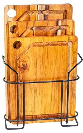 Erreke Set di 3 Taglieri in Legno di Teak Naturale, Tagliere da Cucina Professionale, Tagliere Legno, Reversibili di Diverse Dimensioni, con Supporto
