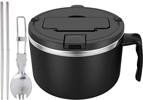 GUIJZSLTRG 1200ml Rapid Ramen Bowl with Filterable Lid, 304 Stainless Steel Noodle Bowl Set with Spoon Chopsticks BPA Free Ramen Cooker Bowls with Handle Dishwasher Safe for Dorm Home Office