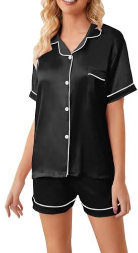 Conjunto de Pijama de Seda de Satén para Mujer, Pijama de Manga Corta, Conjunto de Pijamas con Botones Conjuntos de Dos Piezas, Traje de casa (FR/ES, Letras, XL, Regular, Regular, Negro)
