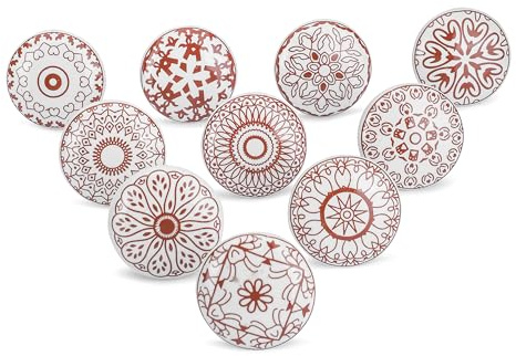 Ajuny Lot de 10 boutons en céramique imprimés rouges et blancs pour portes de placard, tiroirs et poignées de meubles pour armoires de cuisine, salle de bain, commodes, tiroirs Boutons décoratifs en