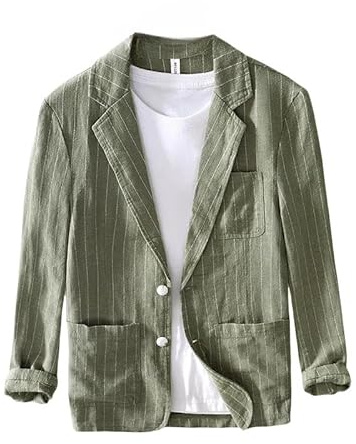 ABARTY Giacca Blazer da Uomo Giacca da Abito Casual Elegante A Righe in Lino Giacca da Abito Slim Fit A Due Bottoni Giacca Estiva Leggera Sfoderata Cappotto da Lavoro Sportivo da Lavoro Verde Milit