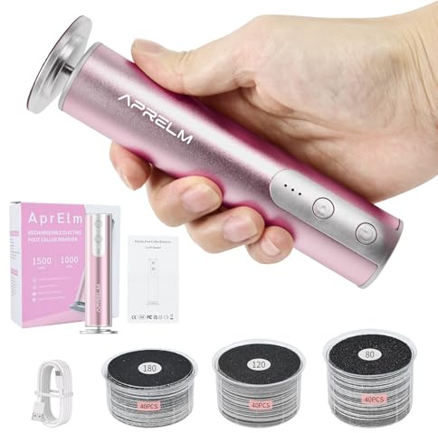 AprElm-Wiederaufladbare Elektrischer Hornhautentferner für Füße mit 3 Korngröße 120pcs Schleifpapier, Professionelle 900RPM 3-Speed-Steuerung Aluminium elektrische Fuß Datei（E3-Rosa）