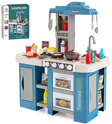 DREAMADE Kinderküche mit 38-teiliges Zubehör, Kinder Küche mit Dampfeffekten & Wasserzirkulation, Spielküche mit Licht und Sound für Kinder ab 3 Jahren (Blau)