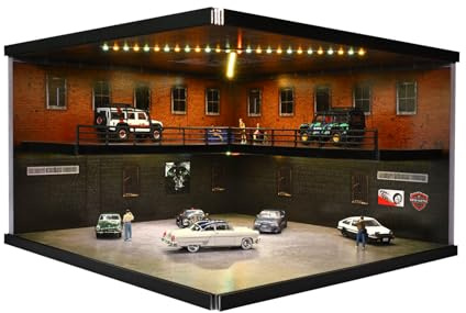 Vitrine de voiture modèle 1/64, convient pour les modèles de voitures Hot Wheels 1/64, Diorama à double étage, modèle de garage avec éclairage LED à intensité variable, collection de modèles de scène