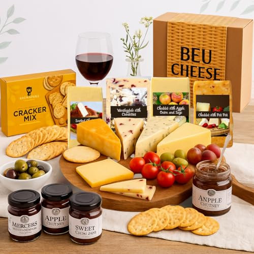 Cheese Hampers Gift Set - 4x Cheeses Wedge Selection, Chutney and Crackers Gift Set & Card - Cheeseboard Gift Set, Birthday Hampers for Men, Cheese Selection Box, Food Gifts for Men & Women