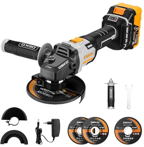 Smerigliatrice angolare a batteria 20V Ø125mm: DEKOPRO Smerigliatrice con batteria da 4,0 Ah, motore brushless – incl. 2 dischi abrasivi, 1 disco da taglio per tagliare, smerigliare e lucidare