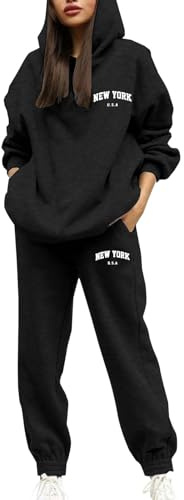 Women's Two Piece Tracksuit Set Long Sleeve Lounge Outfit Sweatshirt Pullover Hoodie Top and Sweatpants Fleece Loungewear Winter Warm Casual Oversized Elastic Pocketsairport Outfits for Women Black