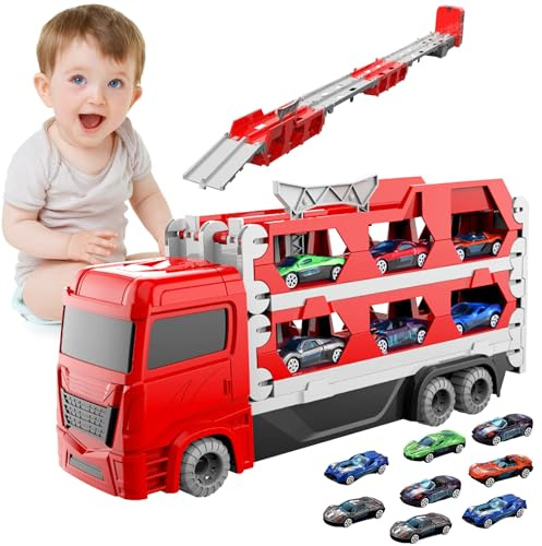 TEGOVE Camion Trasporto Giocattoli,Camion Giocattolo per Bambini,Auto Giocattolo Pista Portatile con 9 Auto da Corsa,Camion Pista Macchinine,Macchinine per Bambini dai 3 4 5 6 Ann