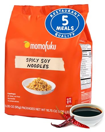 Momofuku Spicy Soy Ramen Noodles by David Chang, 5 Count (Pack of 1) Air-Dried Vegan Instant Noodles with 11g of Plant Based Protein