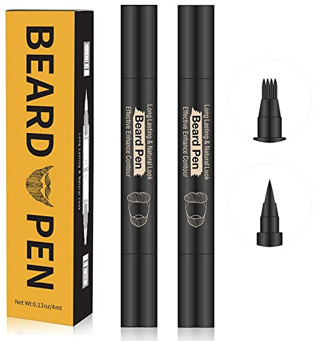 Beard Pencil Filler Kit - 4 Tip Pen and Brush for Men, Facial Hair Enhancer and Mustache Shaper (2 Black Pens)