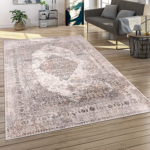 Paco Home Teppich Wohnzimmer Schlafzimmer Kurzflor Vintage Optik Modern Orientalisch Ornament Mandala Muster Bordüre Grau, Grösse:120x160 cm, Farbe:Grau