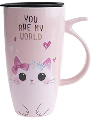 lachineuse – Taza de gato Kawaii Mignon 300 ml – Taza grande XXL rosa de porcelana – Mug japonesa de té y café – con tapa isotérmica – Ideal para regalo de Japón Asia
