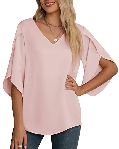 Yommay Chiffongblus för kvinnor damtoppar elegant ledig lös 3/4 veckad delad ärm V-hals sommarblus t-shirts