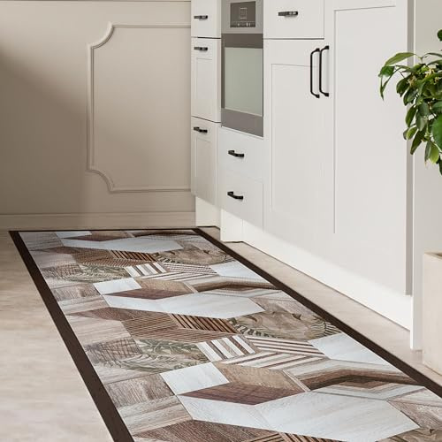 CREARREDA CRARREDA Tapis de Cuisine Bois Hexagones Tropicaux, 120 x 50 cm, Vinyle Antidérapant et Lavable, Tapis de Cuisine en Vinyle, Lavable, 100% Made in Italy, Ligne Deluxe