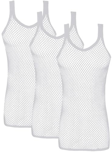 Mens String MESH Vest Fishnet Cotton Gym Muscle Training Tank Rasta Tops Shirt [White Pack of 3,M]