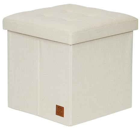 Love IT Store IT Premium Sitzhocker mit Stauraum - Hocker klappbar aus Leinen-Baumwolle - Verstärkt mit Holz - Belastbar bis 150 kg - Beige - 38x38x38 cm