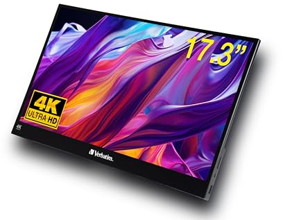 Verbatim 4K Portable Touch Screen, 17.3 Mobile Display HRD for Laptop, Tablet, Smartphone, PS5 or Nintendo Switch with USB-C and HDMI Port, Black