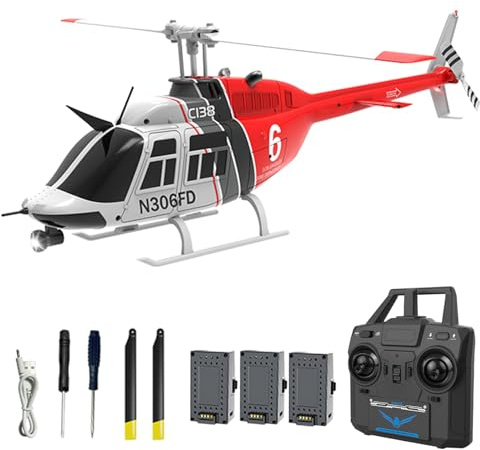 Hylukon C138 Remote Control Helicopter, 1:33 Scale Bell206 Helicopter 2.4G 4CH RTF Single Propeller Aileron Free, Six-axis Gyroscope, Modular Battery, One-Touch Function Gift for Adults 2 Batteries