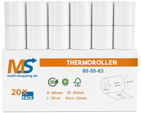 Kassenrollen/Thermorollen/Bonrollen 80mm x 50m x 12mm Bpa frei für alle gängigen Thermo Kassen-Bondrucker B: 80mm x L: 50m Ø60mm (20)