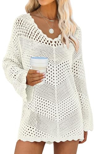 ANRABESS Swimsuit Cover Up for Women Crochet Bathing Suit Summer Swimwear V Neck Mesh Knit Dress 2026 Beach Vacation Clothes Small Cream White