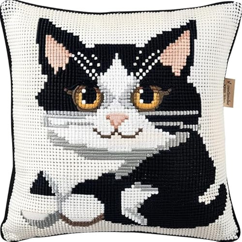 WallustrioaW süße Katze Kreuzstichkissen,Tier,Kreuzstickpackung vorgedruckt Sticksets Für Erwachsene,Anfänger,45x45cm Kreuzstichkissen/Stickkissen-Set