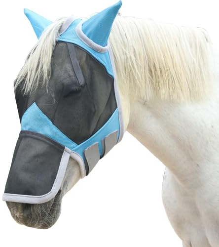Gallopoff Fine Mesh Horse Fly Mask with Ears and Nose - UV Protection & Adjustable Fit Equine Fly Masks Summer Lake Blue Full