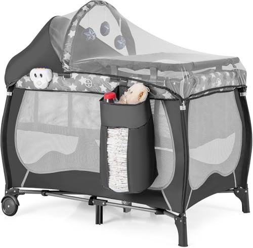 FANTASK 4 in 1 Babybett, Grau Spielbogen & Spieluhr, Stubenwagen mit Rollen, Tragetasche, tragbares Beistellbett Reisebett mit faltbaren Matratze, Wickeltisch, Baldachin, für Baby bis 36 Monaten