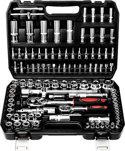 TLGREEN 108-Pieces 1/4 and 1/2 Drive Sockets Set, 72 Teeth Reversible with Quick Release, CR-V Deep Sockets Kit with Extension Bar, Coupler, Ratchet and Wrench, Mechanic Tools for DIY, Car Repair