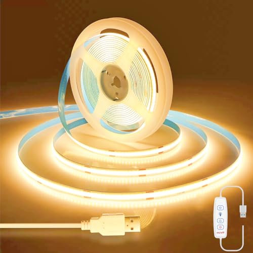 Kimuwote Striscia LED COB USB, 2 m, dimmerabile, USB 5 V, luce bianca calda, 3000 K, 640 LED, illuminazione per TV, flessibile, per camera da letto, casa, armadio, illuminazione fai da te