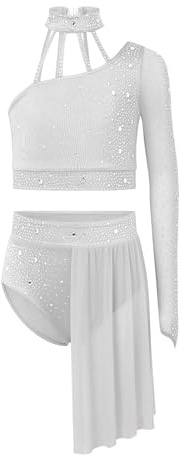 renvena Two Piece Lyrical Costume for Girls Dance Outfit Sparkle Ballet Leotard Dress Crop Tops Skirt Sets White 5-6 Years