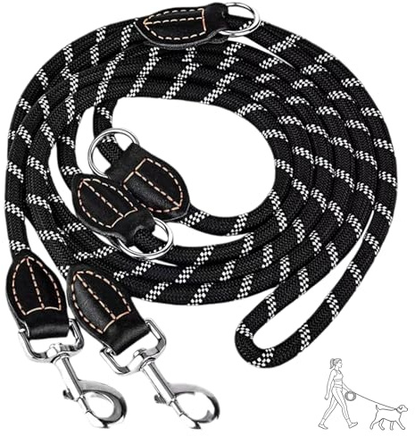Justerbart hundkoppel för stora, hundkoppel med karbinhake, robust reflekterande nylon-handsfree-koppel för stora/medelstora hundar med 2 karbinhakar 250 kg dragkraft, 12 mm bred, svart (3 metres)