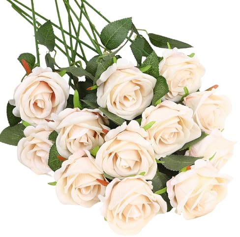 XIAOGUA 12 Stück Künstliche Rosen Mit Langstielige Blumen Schaumrosen, Gefälschte Kunstrose Rose Künstliche für Büro Party Desktop Blumenarrangement Home Küche Dekoration(Sekt)