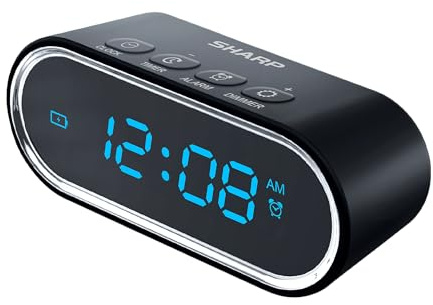 Sharp Sveglia da viaggio con mini power bank ricaricabile, sveglia digitale portatile con timer conto alla rovescia, luminosità regolabile, caricatore di emergenza USB-C