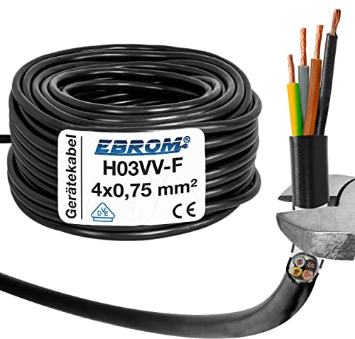 EBROM Kunststoff Schlauchleitung RUND, LED Kabel, Stromkabel, Leitung, Gerätekabel H03VV-F 4x0,75 mm² Farbe: schwarz, viele Längen in 5 m Schritten bis 250 Meter 4G0,75 mm2, Ihre Kabellänge: 20 Meter