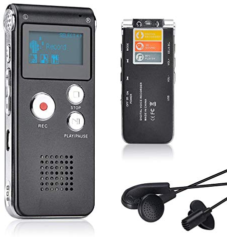 Lychee Dictaphone Enregistreur Vocal Numérique 8GO Portable, Lecteur MP3 Audio à Double Microphone pour Conférences/Réunions/Entretiens/et Cours (Noir)