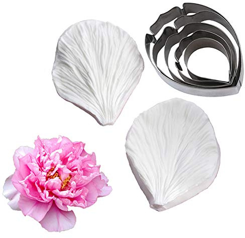 KALAIEN 5pcs Stainless Steel Peony Cutter 2pcs Fondant Silicone Mold Gumpaste Peony Sugarcraft Flower Veining Mold Veiner Petal Making Tool
