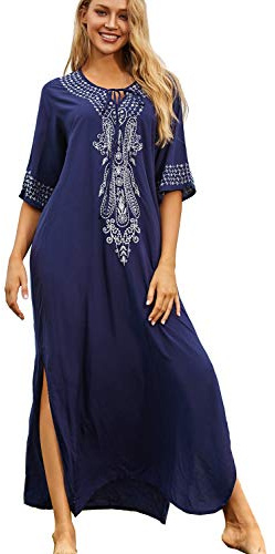 YouKD Verano Algodón Bordado Floral Flojo Caftán Boho Vestido de Bikini de Playa Bata de Talla Grande para Mujer