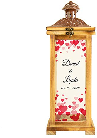 Romantische Landhaus Laterne | XL Holzlaterne 42 cm groß | Hochzeitslaterne als Hochzeitsgeschenk für das Brautpaar | Geschenkidee zum Hochzeitstag | Gartendeko, Gartenlaterne | Herzen - Hell