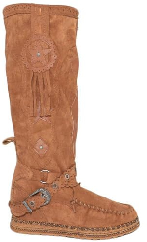 Stivali Donna Indianini Cuoio al Ginocchio con Frange Zeppa Interna 5 cm e Stemma Scamosciati Alti Moda (39 EU)