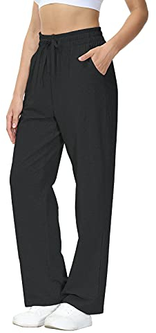 HMIYA Jogginghose Damen Baumwolle Freizeithose Lang offenem Boden Yogahose Sporthose Geradem Bein Hose mit Taschen(Schwarz XXL)